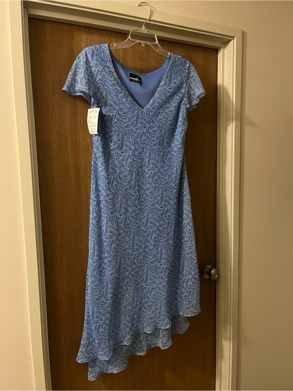 Y2K Light Blue V-Neck High-Low Dress with Feather Pattern